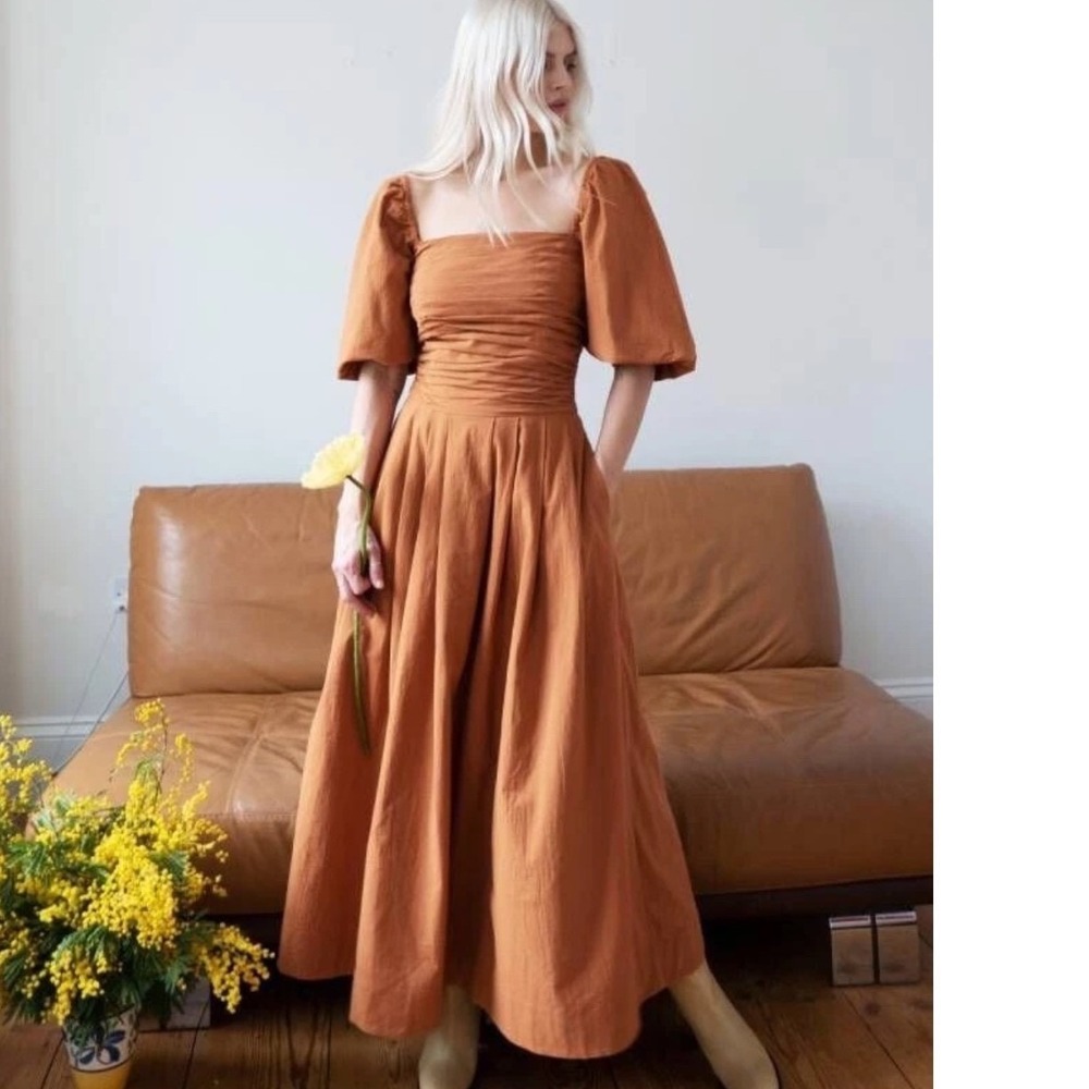 Free‎ People Ain't She a Beaut Dress Women S Orange Puff Sleeve Ruched Midi